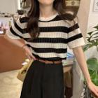Short-sleeve Knit Striped Top Stripe - Black - One Size