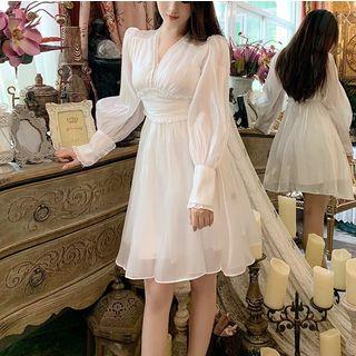 Balloon-sleeve Open Back A-line Mesh Dress