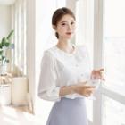 Pleated-collar Faux-pearl Sheer Blouse