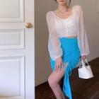 Puff-sleeve Blouse / Drawstring Midi Pencil Skirt