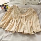 Eyelet Puff-sleeve Loose Crop Blouse With Shawl