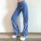 Frayed Floral Pattern Straight Leg Jeans