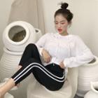 Lettering Hooded Long-sleeve T-shirt / Striped Leggings