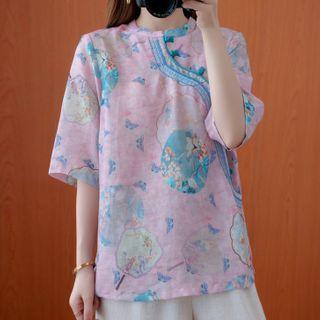 Flower Print Mandarin Collar Elbow-sleeve Blouse