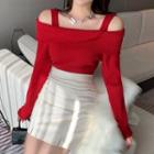 Cold-shoulder Sweater / Faux Leather Mini Pencil Skirt