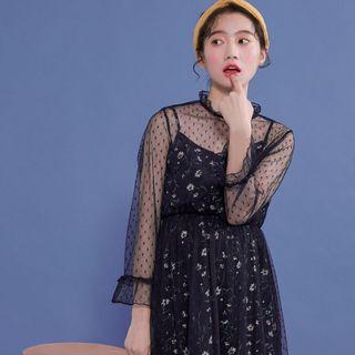 Set: Sheer Long-sleeve Dress + Strappy A-line Dress