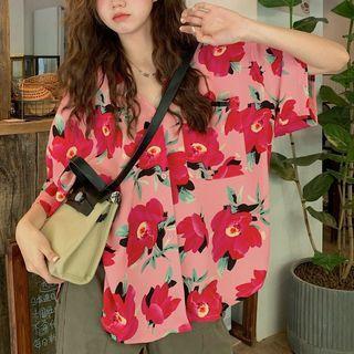 Short-sleeve Floral Hawaiian Shirt Pink - One Size