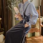 Tie-neck Blouse / Floral Embroidered Midi Jumper Skirt / Set