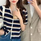 Short-sleeve Striped Button-up Knit Top