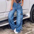 High Waist Strappy Loose-fit Jeans With Pocket Details