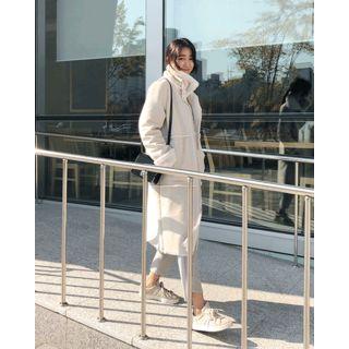 Funnel-neck Faux-shearling Longline Zip Coat