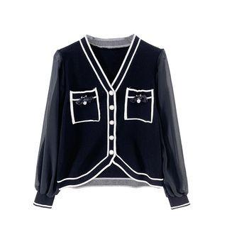 Chiffon Sleeve Contrast Trim Cardigan
