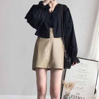 Puff-sleeve Cropped Blouse / Mini Pencil Skirt