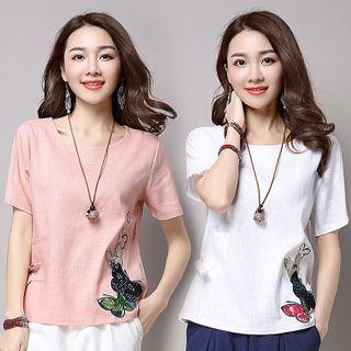 Short-sleeve Butterfly Embroidered Linen Top