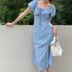 Puff-sleeve Floral Print Slit-hem Midi A-line Dress