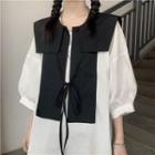 Set: Elbow-sleeve Plain T-shirt + Tied Cape T-shirt - White - One Size / Cape - Black - One Size