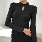 Plain Perforated Mock-neck Long-sleeve Top
