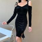 Long-sleeve Cold Shoulder Ruched Bodycon Dress