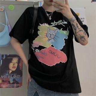 Short-sleeve Cat Print T-shirt Black - One Size