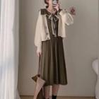Plain Cardigan / Long-sleeve Collared A-line Knit Dress
