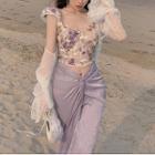 Floral Embroidered Cropped Top / High-waist Asymmetrical Maxi Skirt