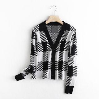 Long-sleeve Checkered Knit Top Check - Black & White - One Size
