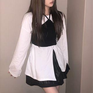 Long-sleeve Slit T-shirt / Spaghetti Strap Top / Pleated A-line Mini Skirt