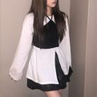Long-sleeve Slit T-shirt / Spaghetti Strap Top / Pleated A-line Mini Skirt