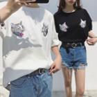 Couple Matching Cat Embroidered Elbow Sleeve T-shirt