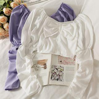 Boatneck Ribbon-accent Ruched Crop Blouse