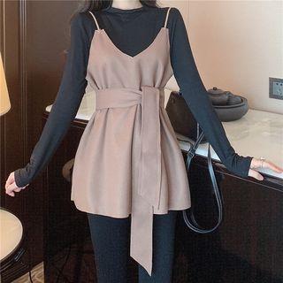 Mock Neck Plain Top / Tie-waist Sleeveless Top