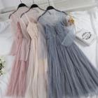 Set: Sequined Long-sleeve Mesh Top + Midi Pinafore Dress