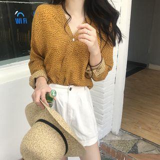 Dot V-neck Loose-fit Long-sleeve Blouse