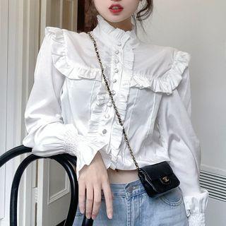 Ruffle Trim Mock-neck Button-up Blouse