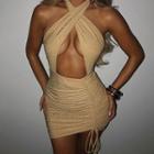 Halter-neck Glitter Cut-out Mini Bodycon Dress