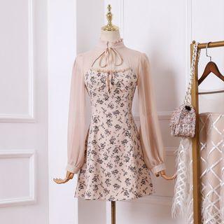 Chiffon Panel Flower Print A-line Mini Dress