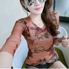 Floral Print V-neck Long-sleeve T-shirt