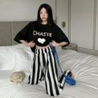 Elbow-sleeve Print T-shirt / Striped Loose Fit Pants