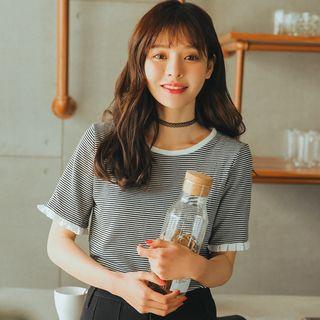 Frill-trim Short-sleeve Striped T-shirt