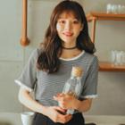 Frill-trim Short-sleeve Striped T-shirt