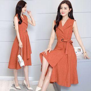 Sleeveless Tie-waist Irregular Midi A-line Dress