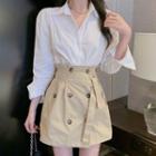 Long-sleeve Plain Shirt / Buttoned A-line Mini Skirt