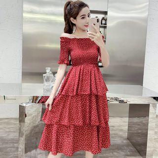 Off-shoulder Dotted Layer Midi Dress
