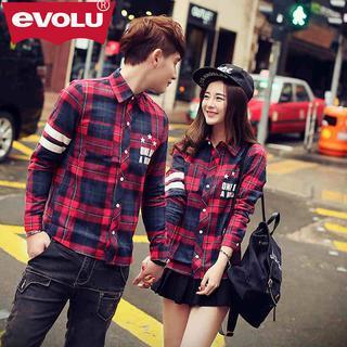 Lettering Print Couple Plaid Shirt