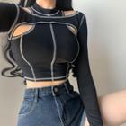 Contrast Stitch Cut-out Long-sleeve Cropped Top