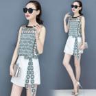 Set: Printed Sleeveless Chiffon Top + Bow Accent High-waist Mini A-line Skirt