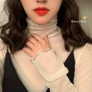 Long-sleeve Turtleneck Chiffon Top White - One Size