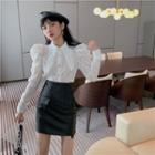 Puff-sleeve Lace Blouse / Faux Leather A-line Skirt