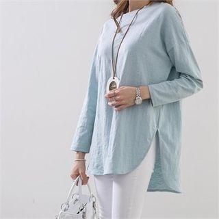 Long-sleeve Crew-neck Slit-side T-shirt