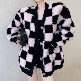 V-neck Check Fleece Cardigan Black & Off White - One Size